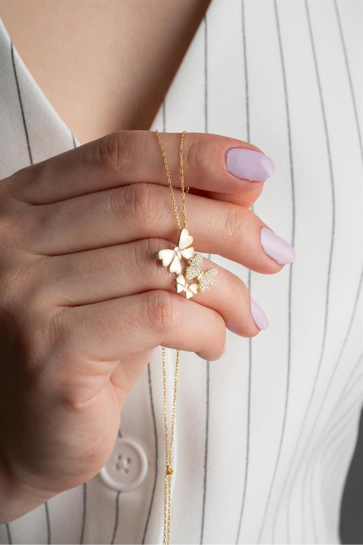 925 Ayar Gold Kelebek Gümüş Kolye Gold - Tek Ebat