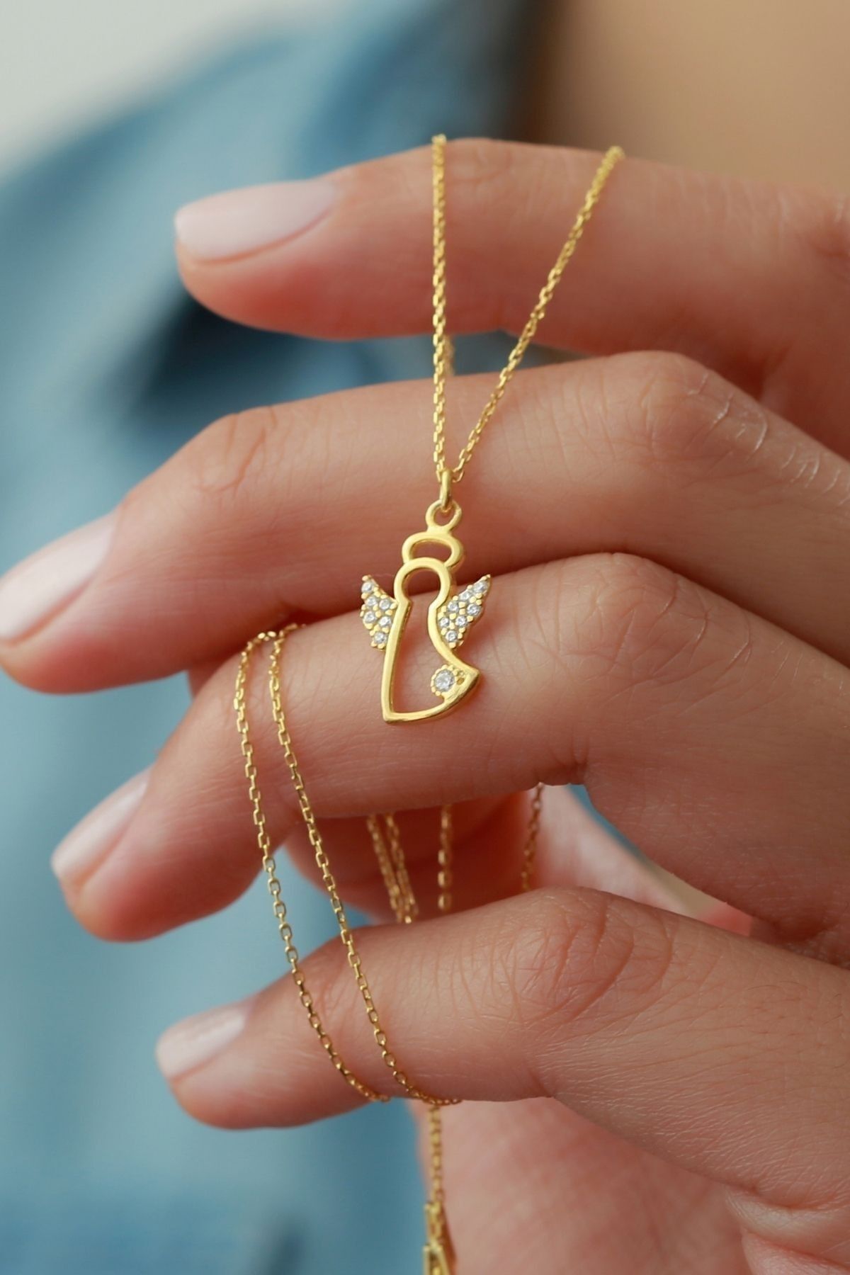 925 Ayar Gümüş Tektaşlı Melek Kolye Gold - Tek Ebat