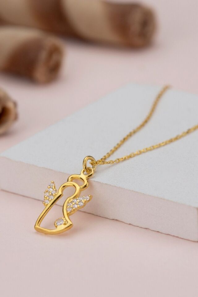 925 Ayar Gümüş Tektaşlı Melek Kolye Gold - Tek Ebat