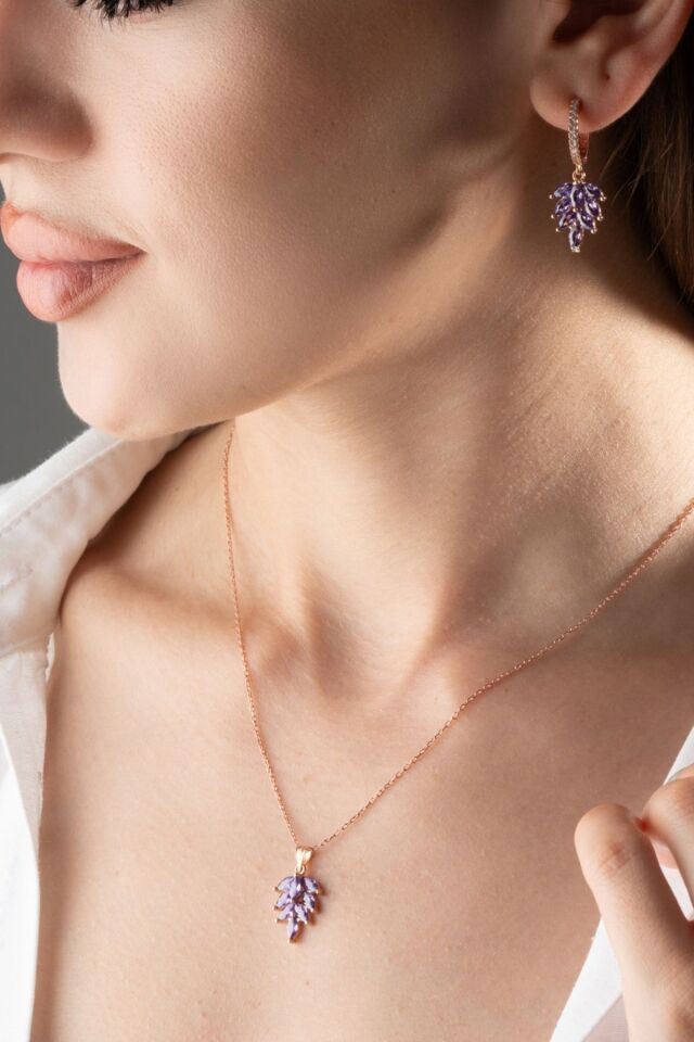 925 Ayar Gümüş Yaprak Model Küpe Kolye Takı Seti