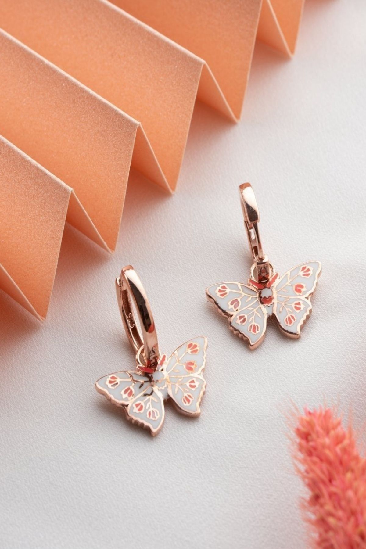 925 Ayar Rose Mineli Beyaz Kelebek Gümüş Küpe Rose - Tek Ebat