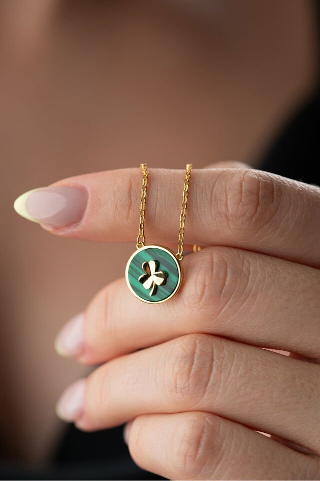 925 Ayar Gümüş Malakit Taşlı Yonca Şans Kolye