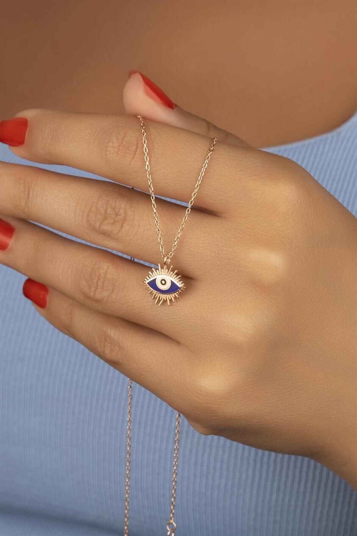 925 Ayar Gümüş Göz Nazar Kolye Gold - Tek Ebat