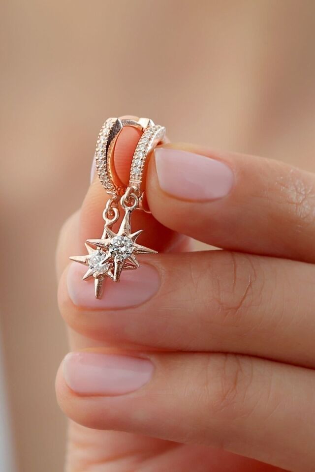 925 Ayar Rose Kutup Yıldızı Halka Gümüş Küpe Rose - Tek Ebat