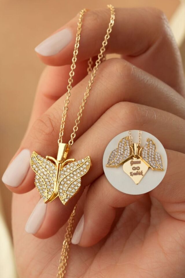 925 Ayar Gümüş Gold Kişiye Özel Açılan Kelebek Kolye