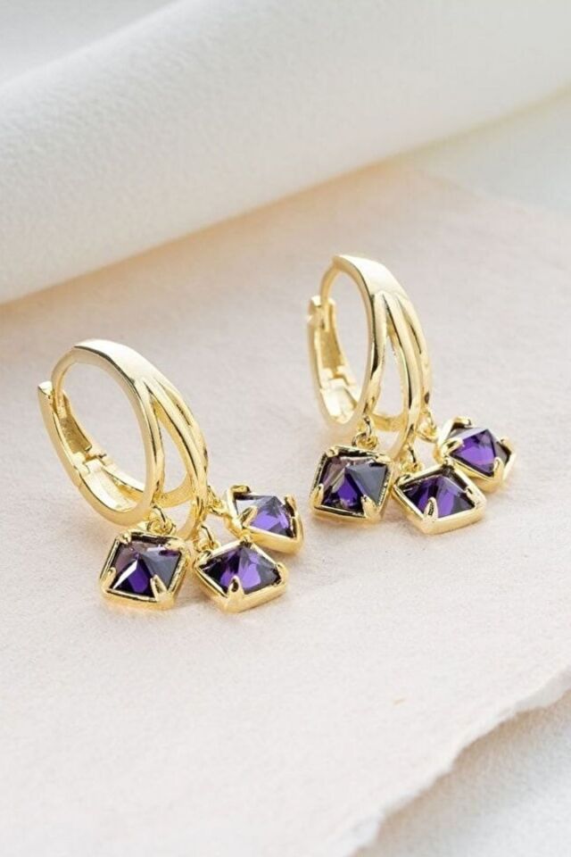 925 Ayar Gold Mor Taşlı Gümüş Küpe Gold - Tek Ebat