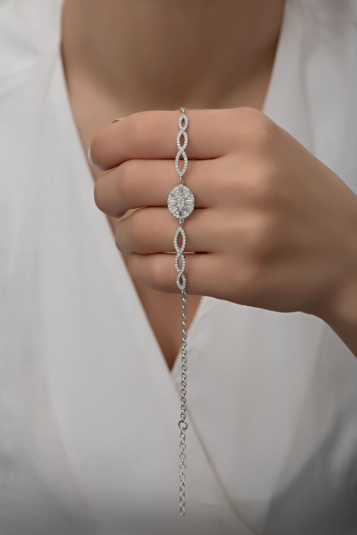 925 Ayar Gümüş Bagetli Bileklik Silver - Tek Ebat