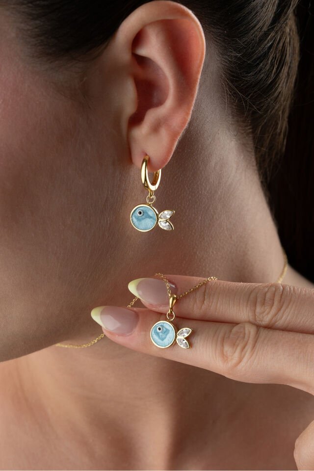 925 Ayar Gümüş Mavi Mineli Balık (Kolye-Küpe) Takı Seti