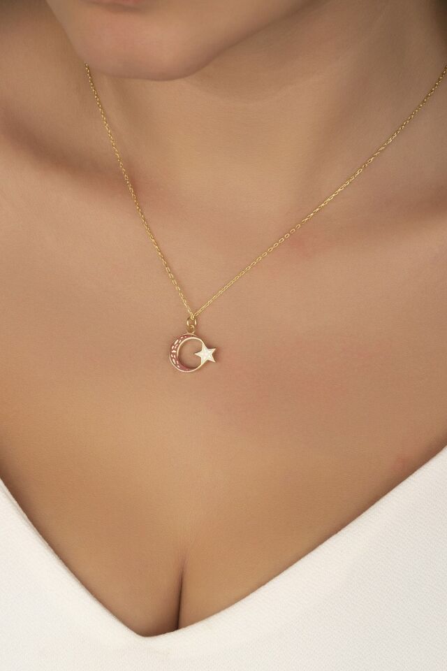 925 Ayar Gümüş Gold Çift Taraflı Ayyıldız Kolye Gold - Tek Ebat