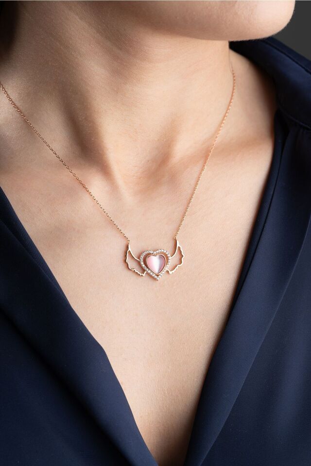 925 Ayar Gümüş Rose Kanatlı Kalp Kolye Rose - Tek Ebat