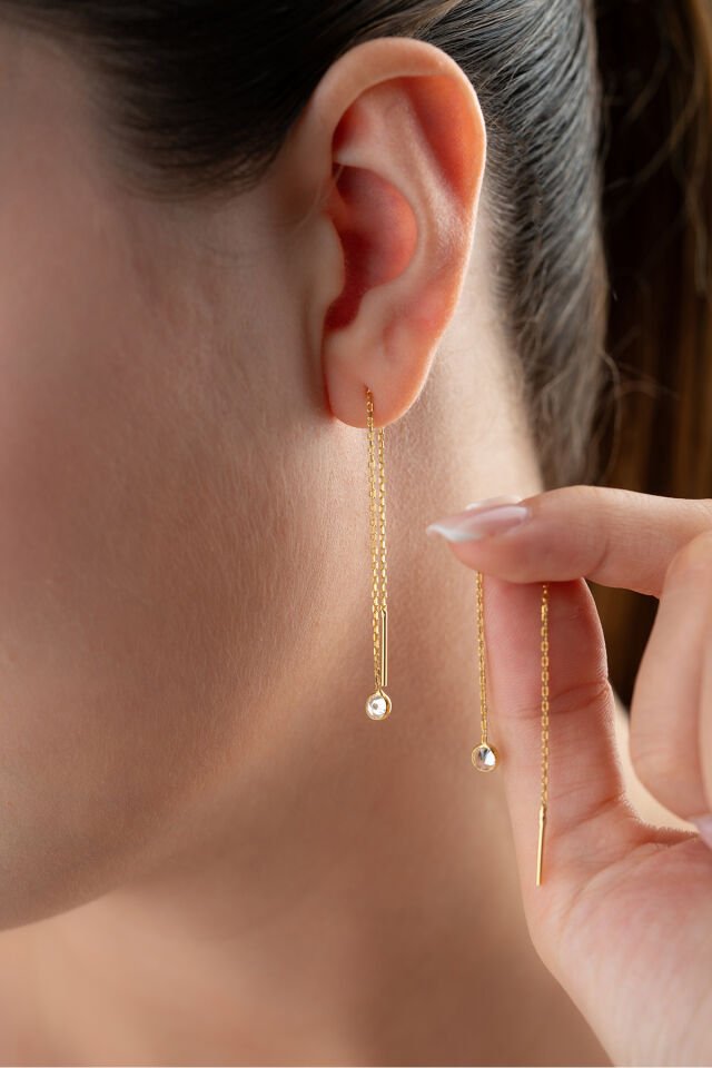 925 Ayar Gümüş Tek Taş Zincir Küpe