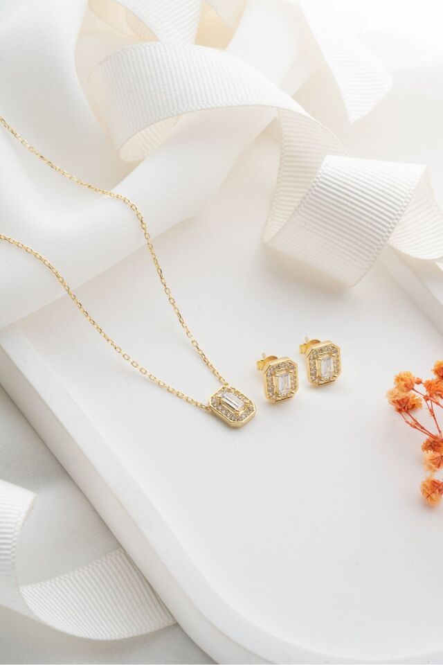 925 Ayar Gümüş Gold Baget Zirkon Taşlı Kolye Küpe Seti