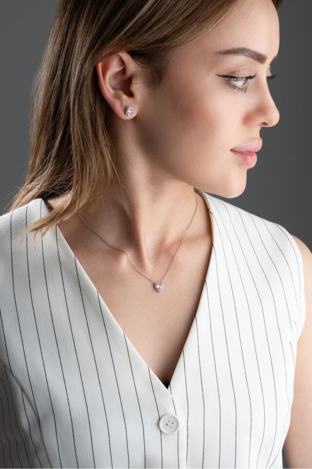 925 Ayar Gümüş Pırlanta Model Zirkon Taşlı Kolye Küpe Seti