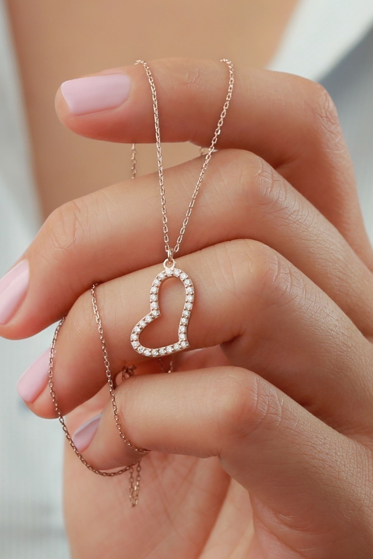 925 Ayar Kalp Gold Gümüş Kolye Rose - Tek Ebat