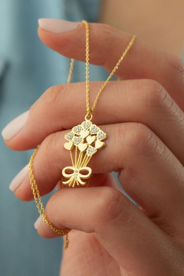 925 Ayar Gümüş Kalpli Buket Kolye