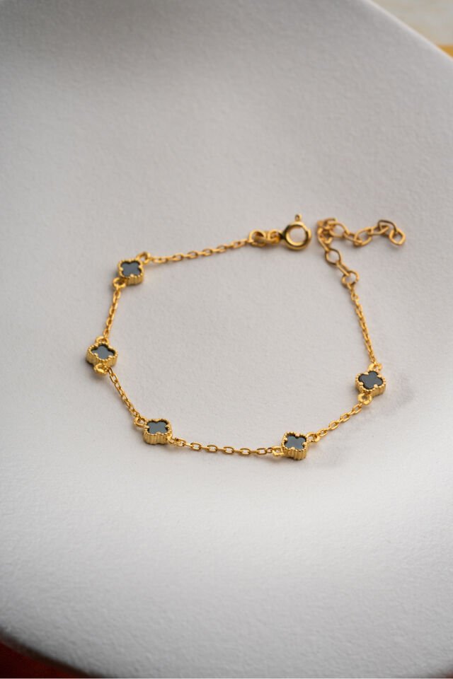 925 Ayar Gümüş Siyah Taşlı Yonca Bileklik