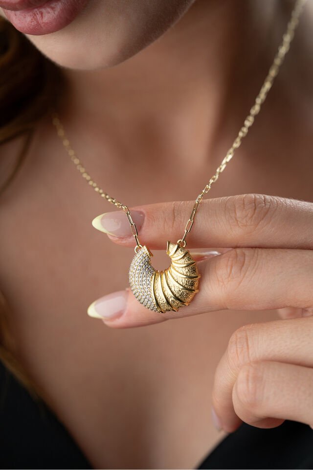 925 Ayar Gümüş Taşlı Kruvasan Kolye