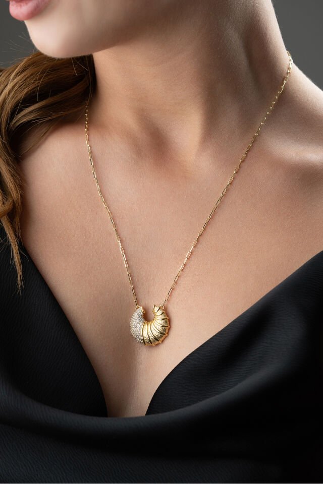 925 Ayar Gümüş Taşlı Kruvasan Kolye