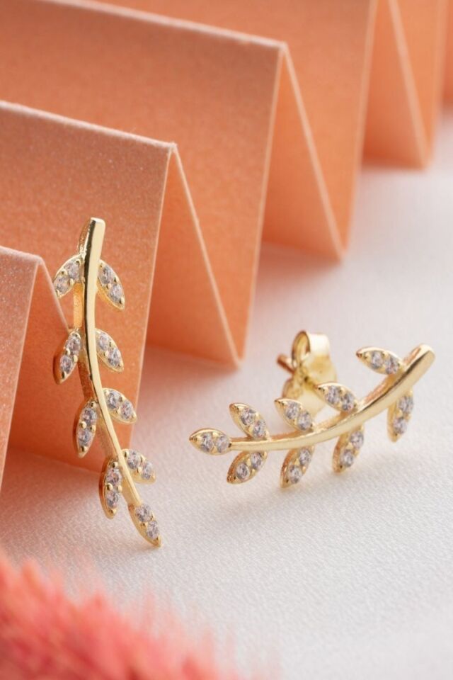 925 Ayar Gold Zeytindalı Gümüş Küpe