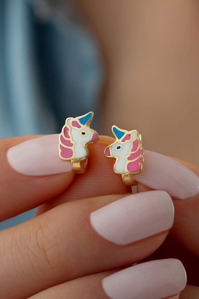 925 Ayar Gümüş Gold Mineli Unicorn Küpe Gold - Tek Ebat