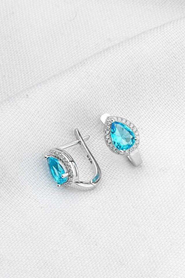 925 Ayar Gümüş Mavi Taşlı Damla Küpe Silver - Tek Ebat