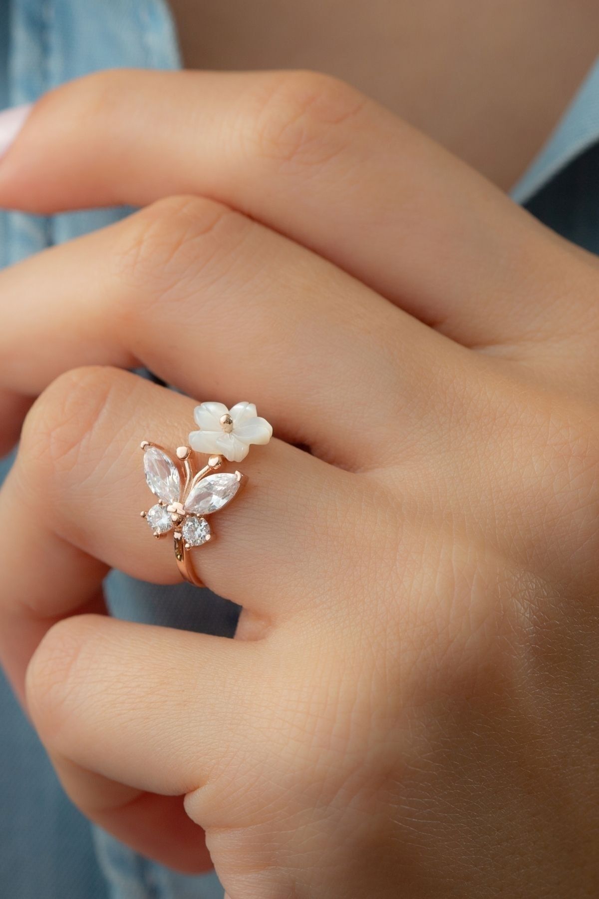 925 Ayar Rose Gümüş Kelebek Sedefli Yüzük Rose - Tek Ebat
