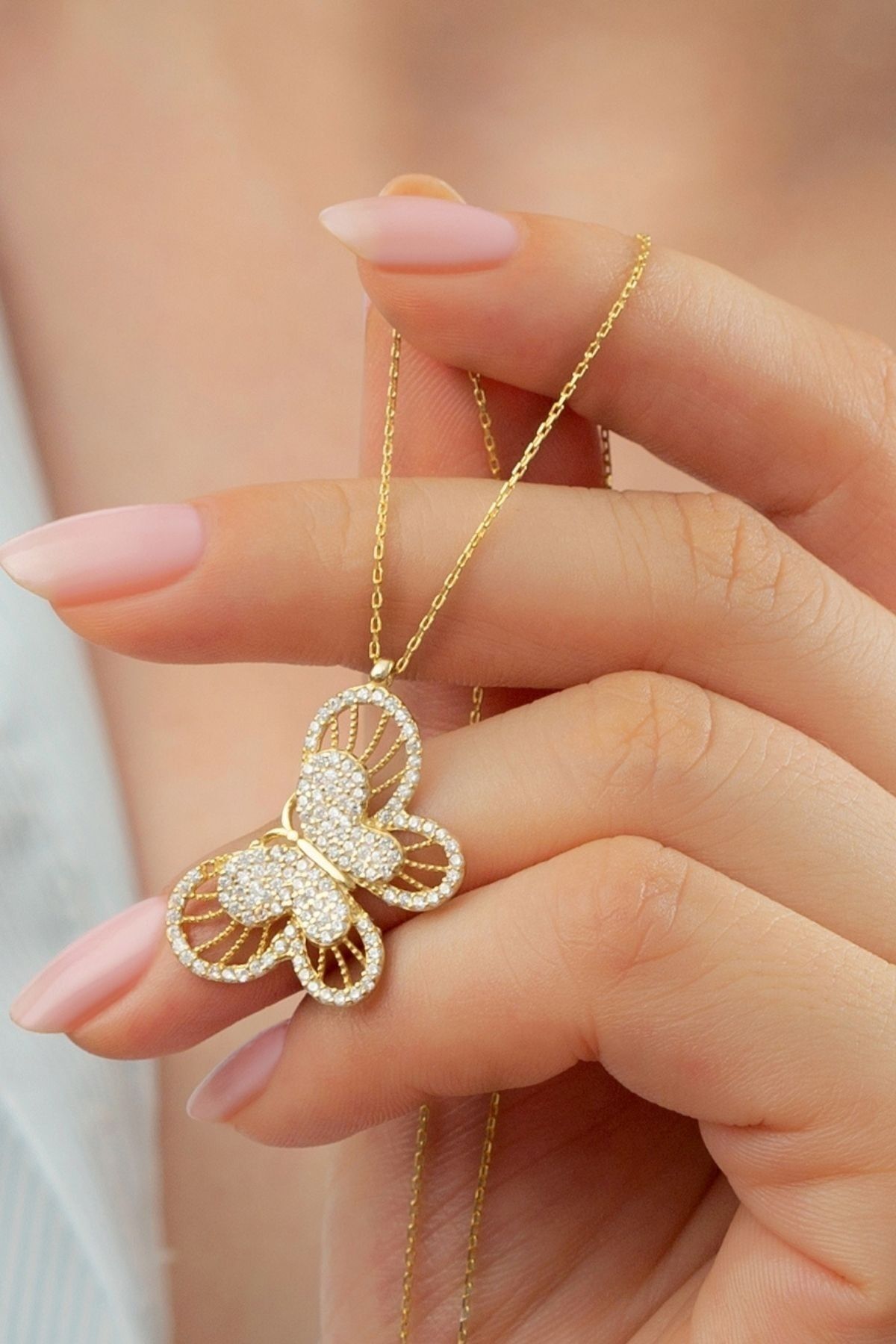 925 Ayar Gümüş Gold Çiftli Kelebek Kolye Gold - Tek Ebat