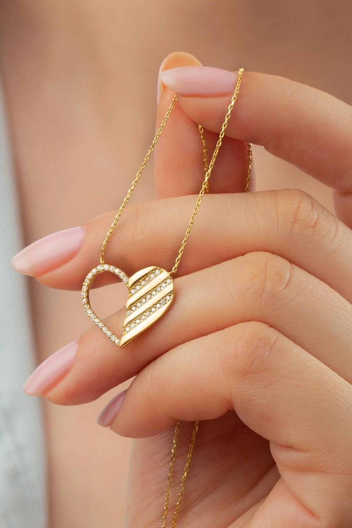 925 Ayar Gümüş Gold Kalp Kolye Gold - Tek Ebat