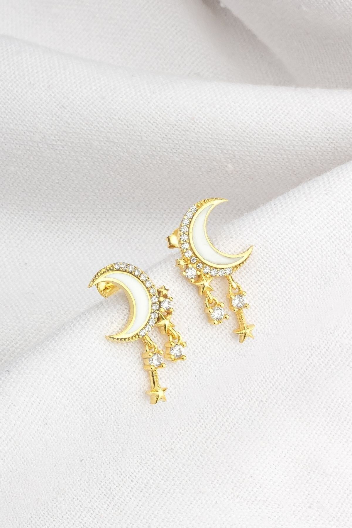 925 Ayar Gümüş Mineli Hilal Küpe Gold - Tek Ebat