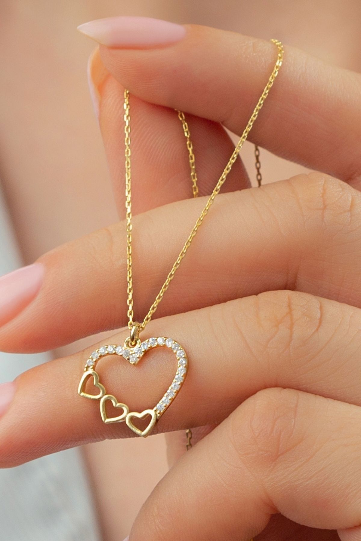 925 Ayar Gümüş Gold Üçlü Kalp Kolye Gold - Tek Ebat