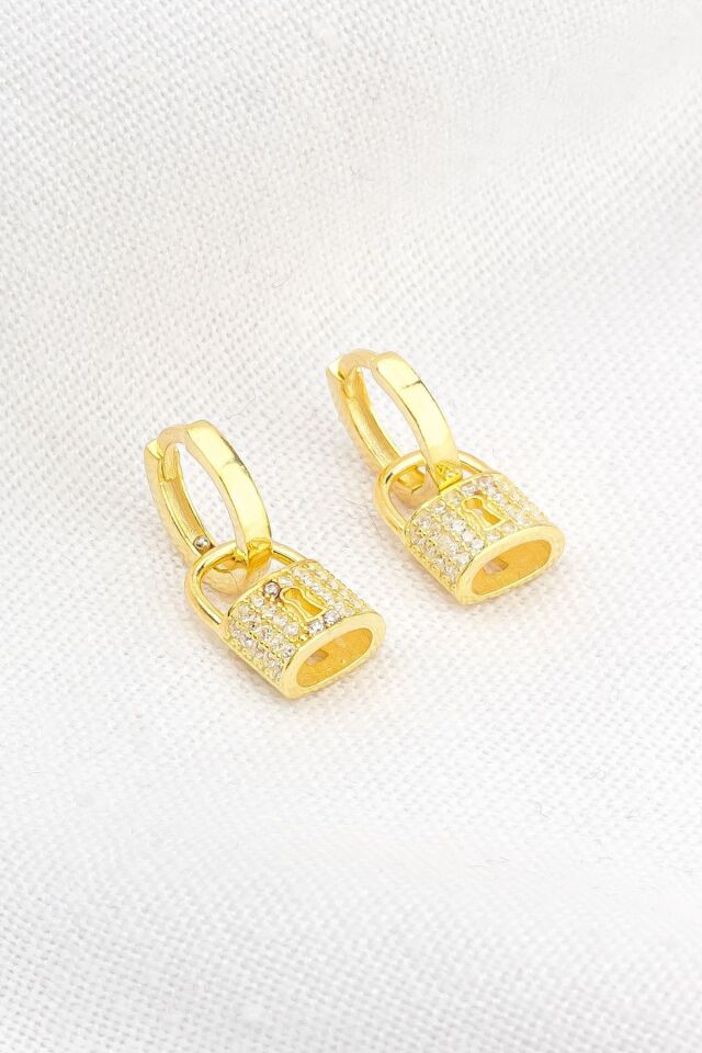 925 Ayar Gümüş Gold Kilit Küpe Gold - Tek Ebat