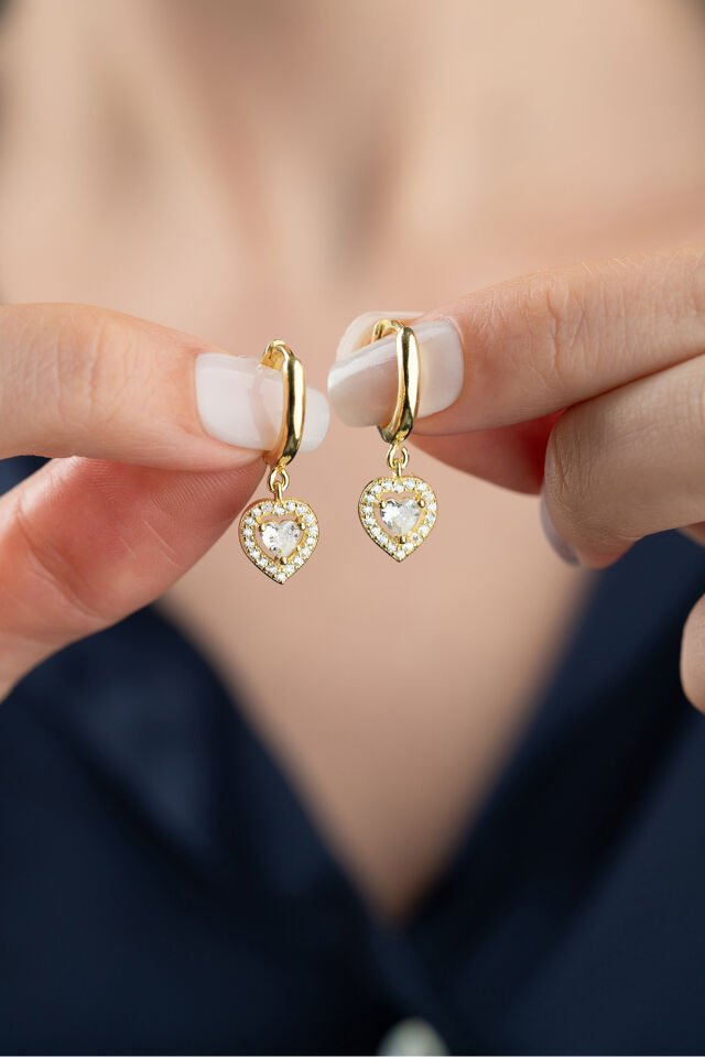 925 Ayar Gümüş Gold Zirkon Taşlı Kalp Küpe