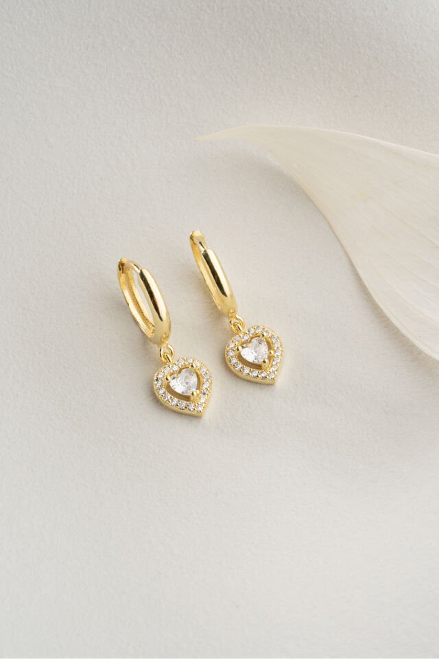 925 Ayar Gümüş Gold Zirkon Taşlı Kalp Küpe