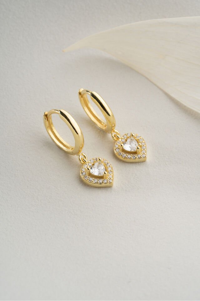 925 Ayar Gümüş Gold Zirkon Taşlı Kalp Küpe