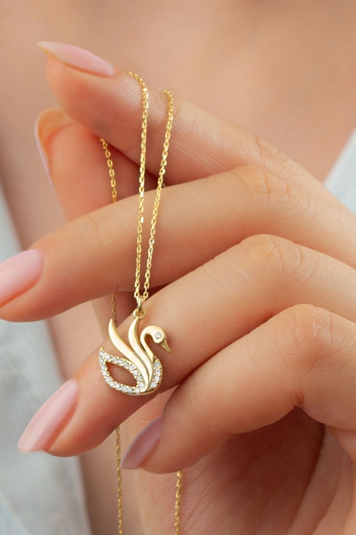 925 Ayar Gümüş Gold Kuğu Kolye Gold - Tek Ebat