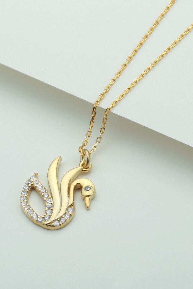 925 Ayar Gümüş Gold Kuğu Kolye Gold - Tek Ebat