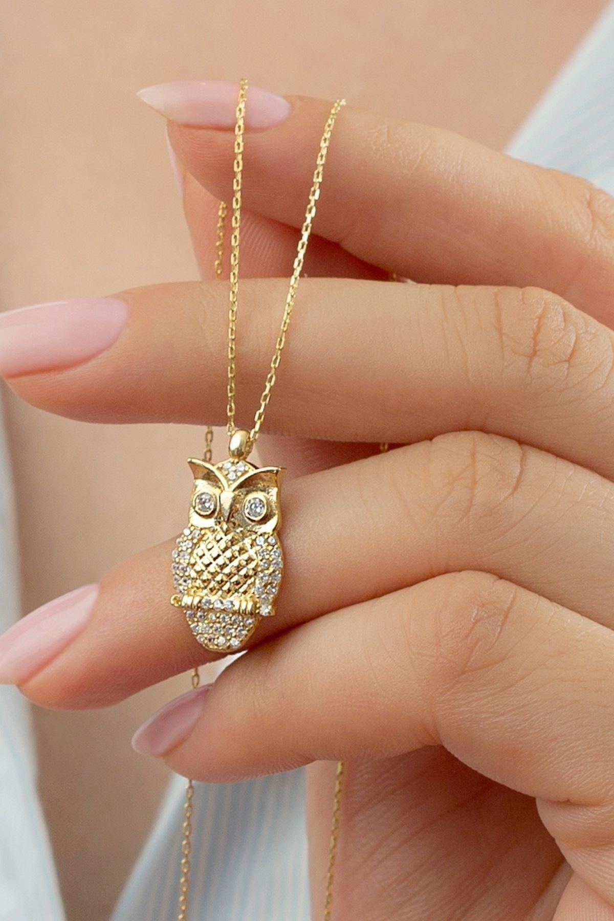925 Ayar Gümüş Gold Baykuş Kolye Gold - Tek Ebat
