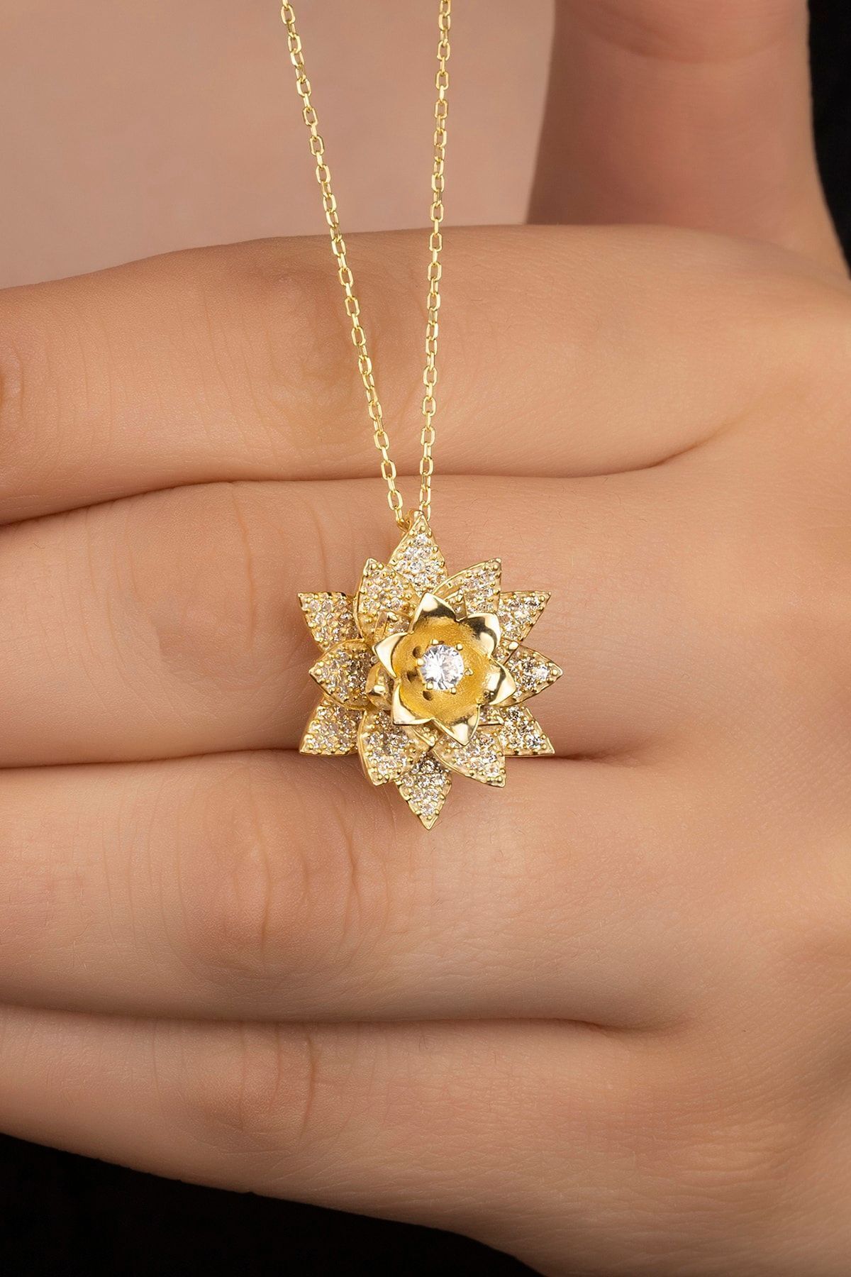 925 Ayar Gümüş Gold Lotus Çiçeği Kolye Gold - Tek Ebat