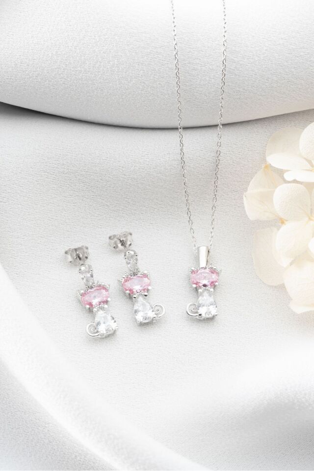 925 Ayar Gümüş Pembe Taşlı Kedi Kolye Küpe Seti Silver - Tek Ebat
