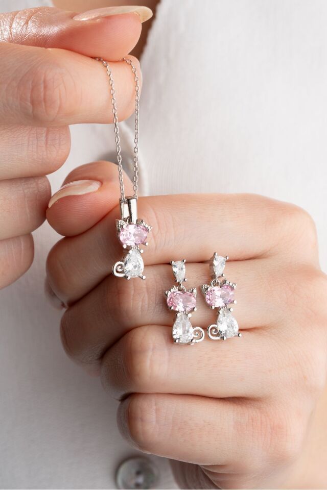 925 Ayar Gümüş Pembe Taşlı Kedi Kolye Küpe Seti Silver - Tek Ebat