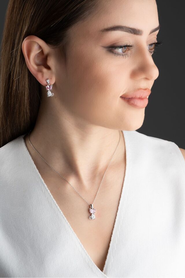 925 Ayar Gümüş Pembe Taşlı Kedi Kolye Küpe Seti Silver - Tek Ebat