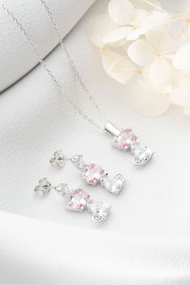 925 Ayar Gümüş Pembe Taşlı Kedi Kolye Küpe Seti Silver - Tek Ebat