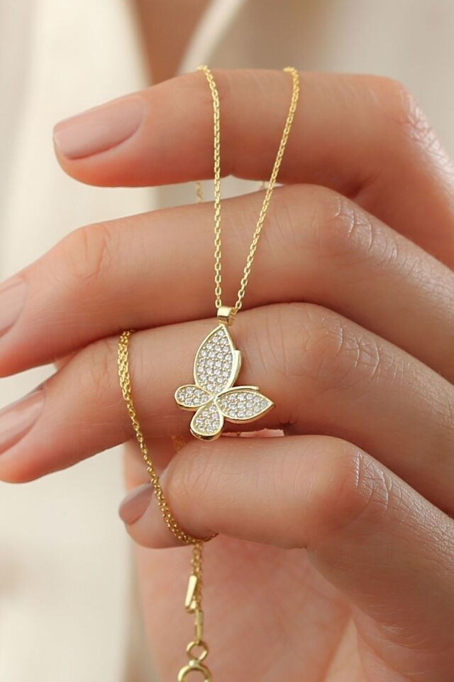 925 Ayar Gümüş Gold Minimal Kelebek Kolye Gold - Tek Ebat