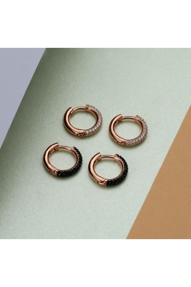 925 Ayar Gümüş Siyah Zirkon Taşlı Halka Küpe Silver - Tek Ebat