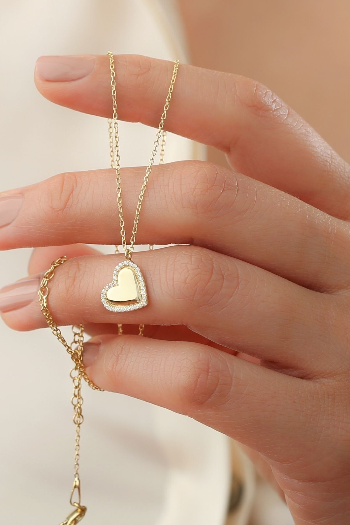 925 Ayar Gümüş Minimal Taşlı Kalp Gold Kolye Gold - Tek Ebat