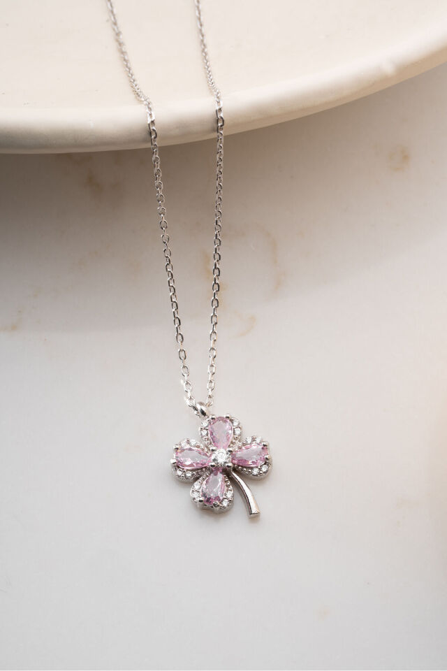 Özel şık kutusunda 925 ayar gümüş rodyum kaplama pembe taşlı manolya model kolye Silvano Jewelry