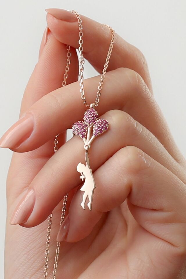 925 Ayar Gümüş Kırmızı Zirkon Taşlı Balonlu Kız Kolye