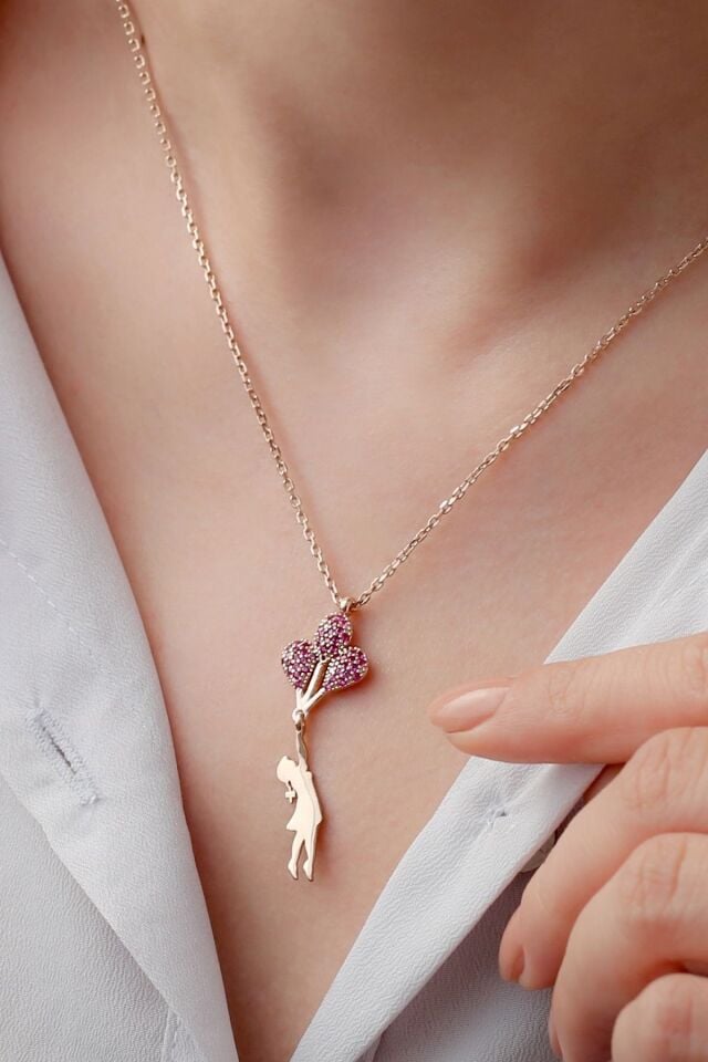 925 Ayar Gümüş Kırmızı Zirkon Taşlı Balonlu Kız Kolye