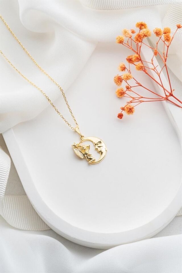 925 Ayar Gold Perili Hilal Gümüş Kolye