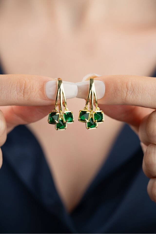 925 Ayar Gümüş Gold Yeşil Taşlı Küpe